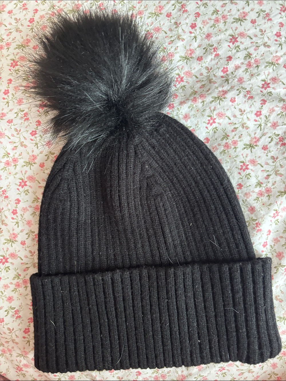 Kids Black Ribbed Pom-Pom Beanie Hat